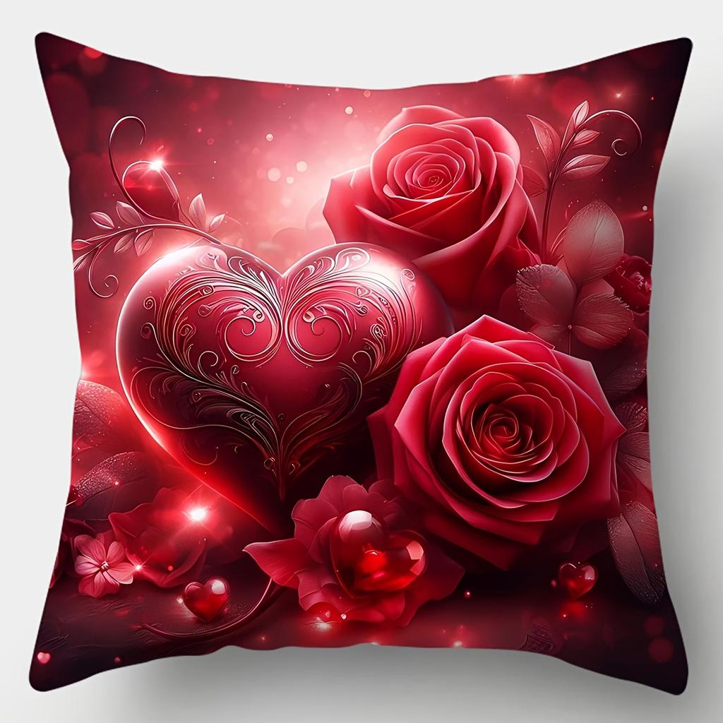 4-Pack Valentine'S Day Pillow Covers, Contemporary Love Rose and Heart Design, Inch, Red Floral Polyester Sofa Cushion Cases, Hand Wash, Zipper Closur