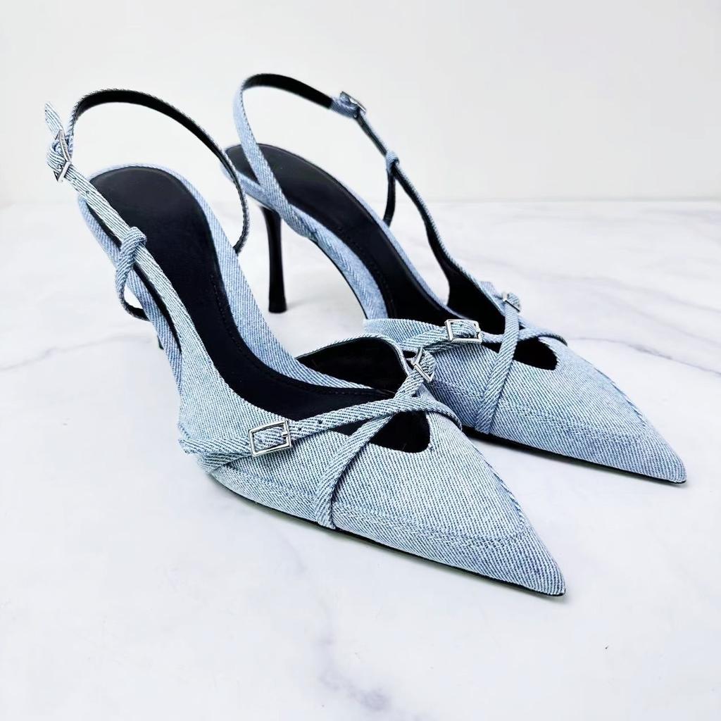 Fashion 2025 Spring and Summer New Denim Light Mouth Strap Hollow Bag Head Sexy Stiletto Fashion Sandals Muller Shoes