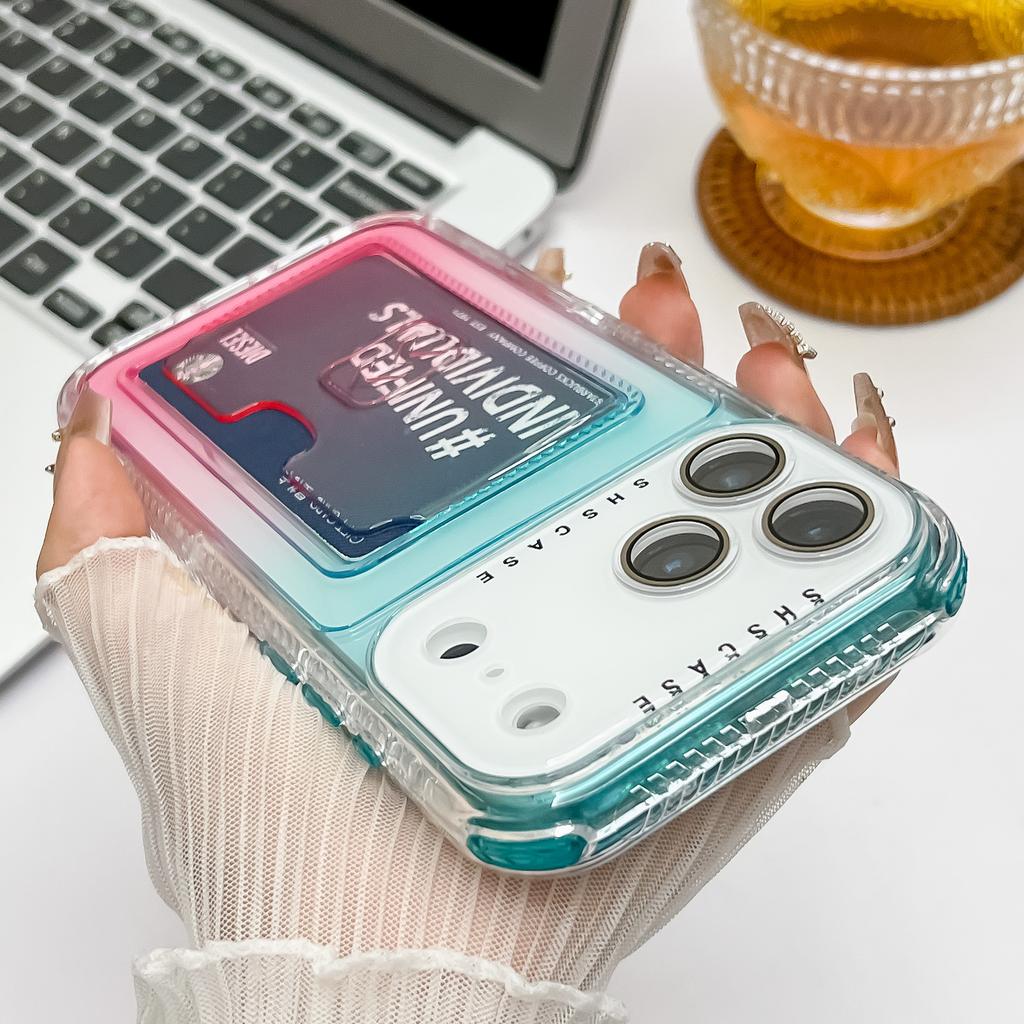 For iPhone 17 Pro Case Card Holder Gradient Color PC+TPU Anti Drop Phone Back Cover with Lens Film