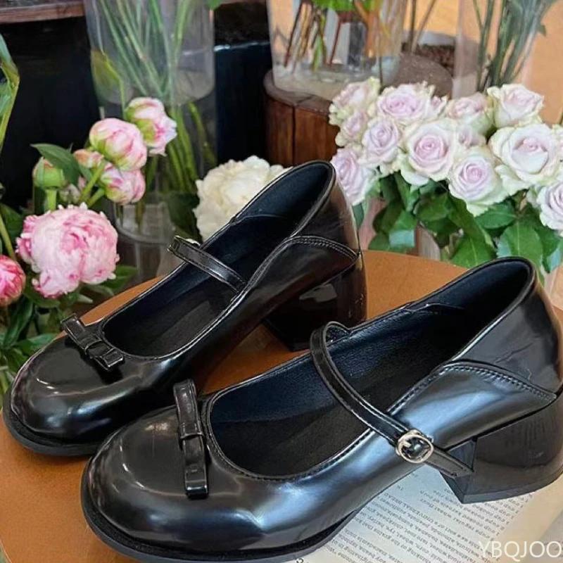 

Fashion Coarse heel Mary Jane shoes New Summer Shallow Mouth High Heels Ladies round toe leather shoes Versatile elegant Women s pumps 40 чёрный