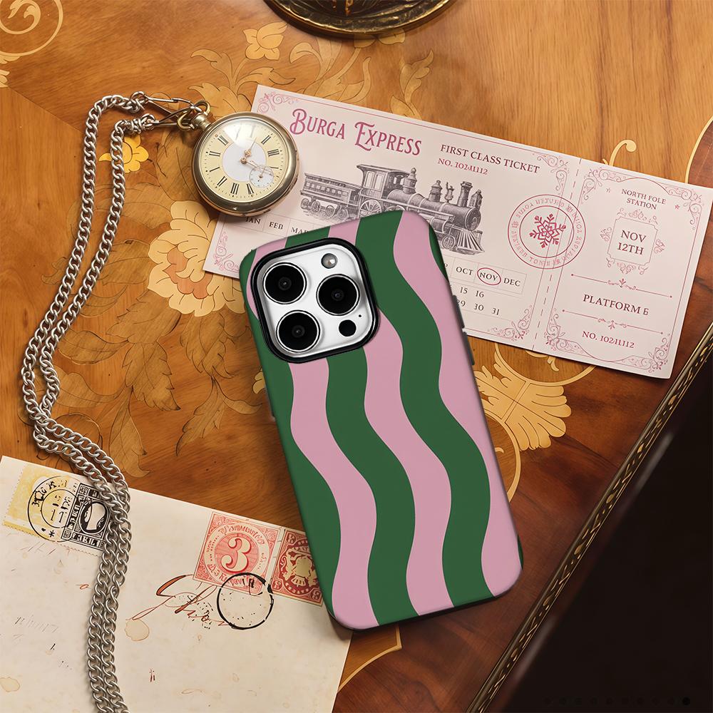 Green Pink Wavy Stripes Phone Case for IPhone 16 15 14 13 12 11 X XS XR XSMAX 7 8 Pro Max Plus Double-layer Back Cover