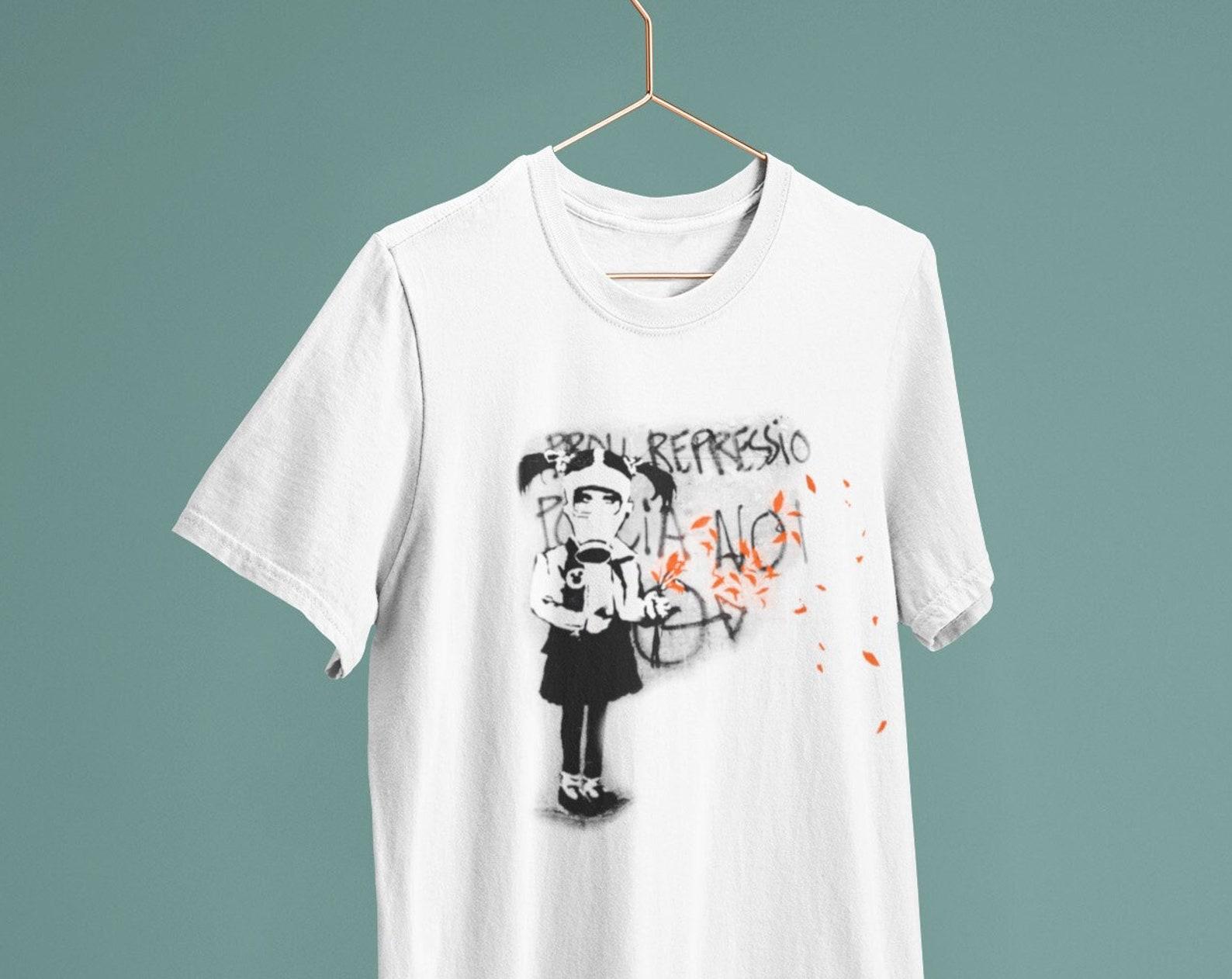 Banksy Gas Mask Girl / Heavyweight cotton unisex T shirt with print tee top XL
