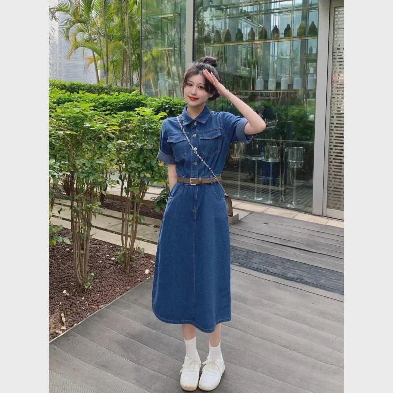 Real Shot Plus Size Denim Short-Sleeve Dress for Women - Summer Collection, Slimming Waist Design