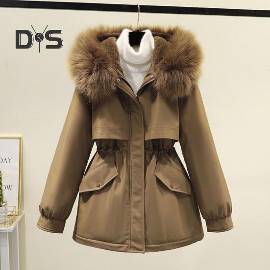 Winter Women Jacket Furry Hood Thickened Plush Long Sleeves Elastic Waist Pockets Zipper Closure Coat Mid Length Windproof Warm Overcoat