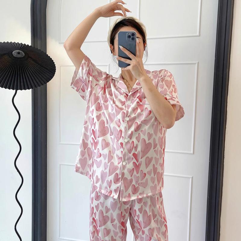 Spring And Summer Pajamas Are Cold And Silky, Short-Sleeved Trousers Can Be Worn Outside, Love Petal Loungewear