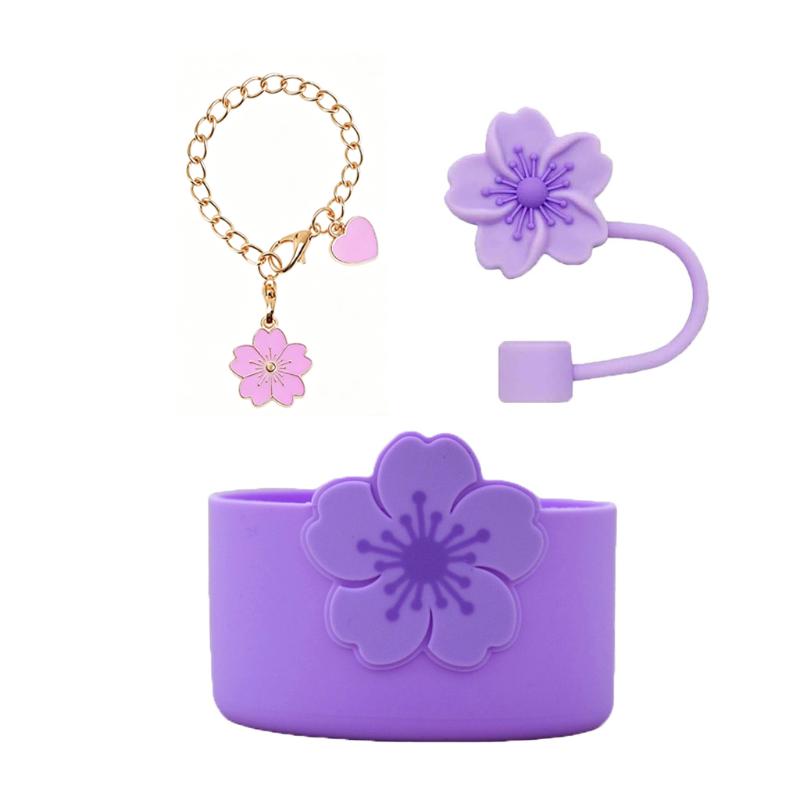 Tumbler Straw Cover & Water Bottle Silicone Boot & Tumbler Charm Set, Begonia Shape Straws Lid Cap And Tumbler Charm Pendant