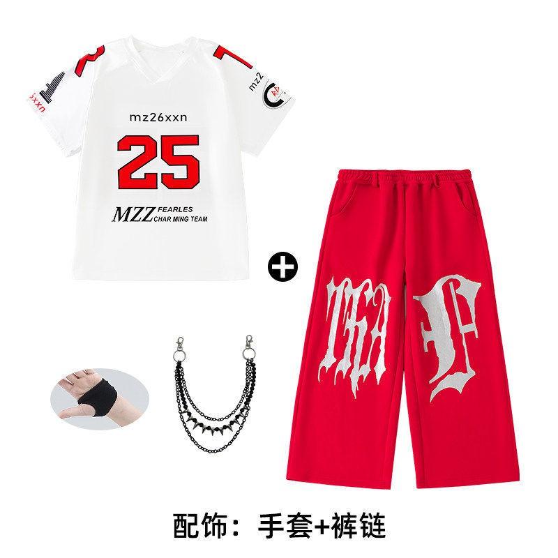Kids Hip Hop Dance Outfit Set - White Short Sleeve Top Red Pants Boys Girls Stage Performance
