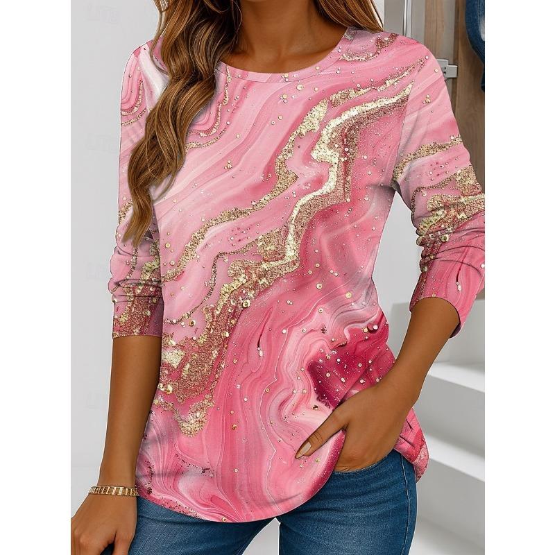 Mode Damen T-Shirts Lässige Langarm Tops Geometrische Grafiken T-Shirts Bluse Rundhals Herbst Winter Streetwear Pullover
