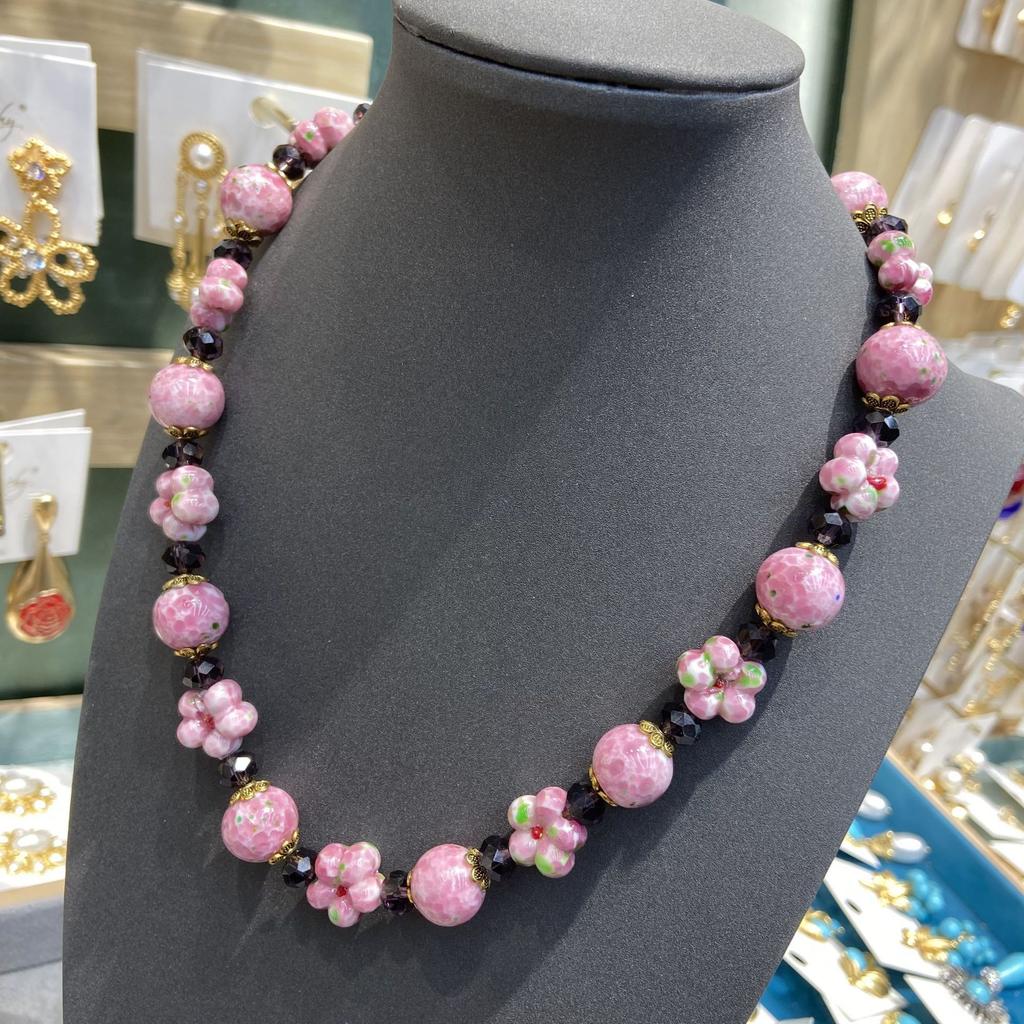 New Medieval Vintage Fashion Retro Design Old Material Pink Frog Skin Glazed Plum Blossom Necklace Beaded Earrings