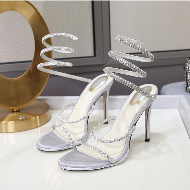 Fashion Luxury Rhinestones Snake Coiled Stiletto Heeled Women Gladiator Sandals 2024 Summer Silver Sole High Heels Banquet Wedding Shoes