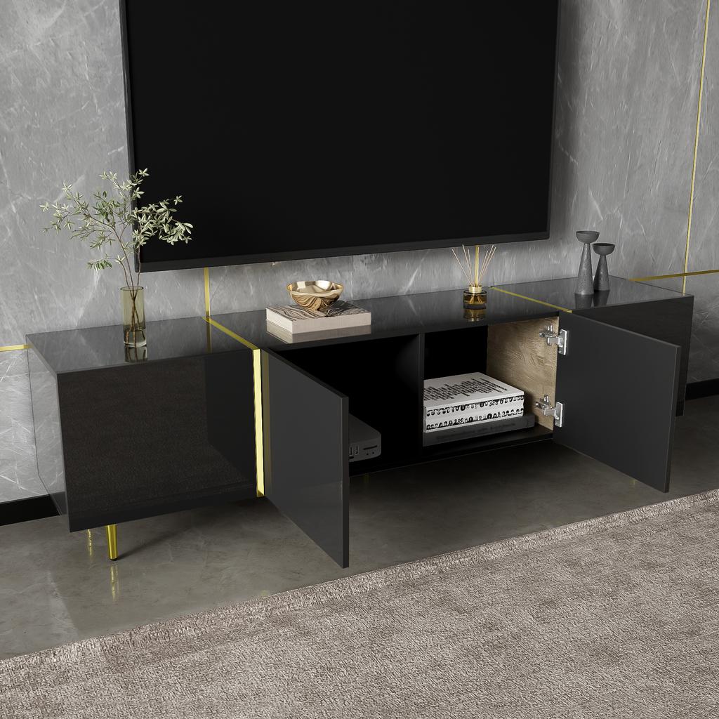 Black High-gloss TV Cabinet with 4 Doors, Modern and Simple, In Black-gold Color Combination