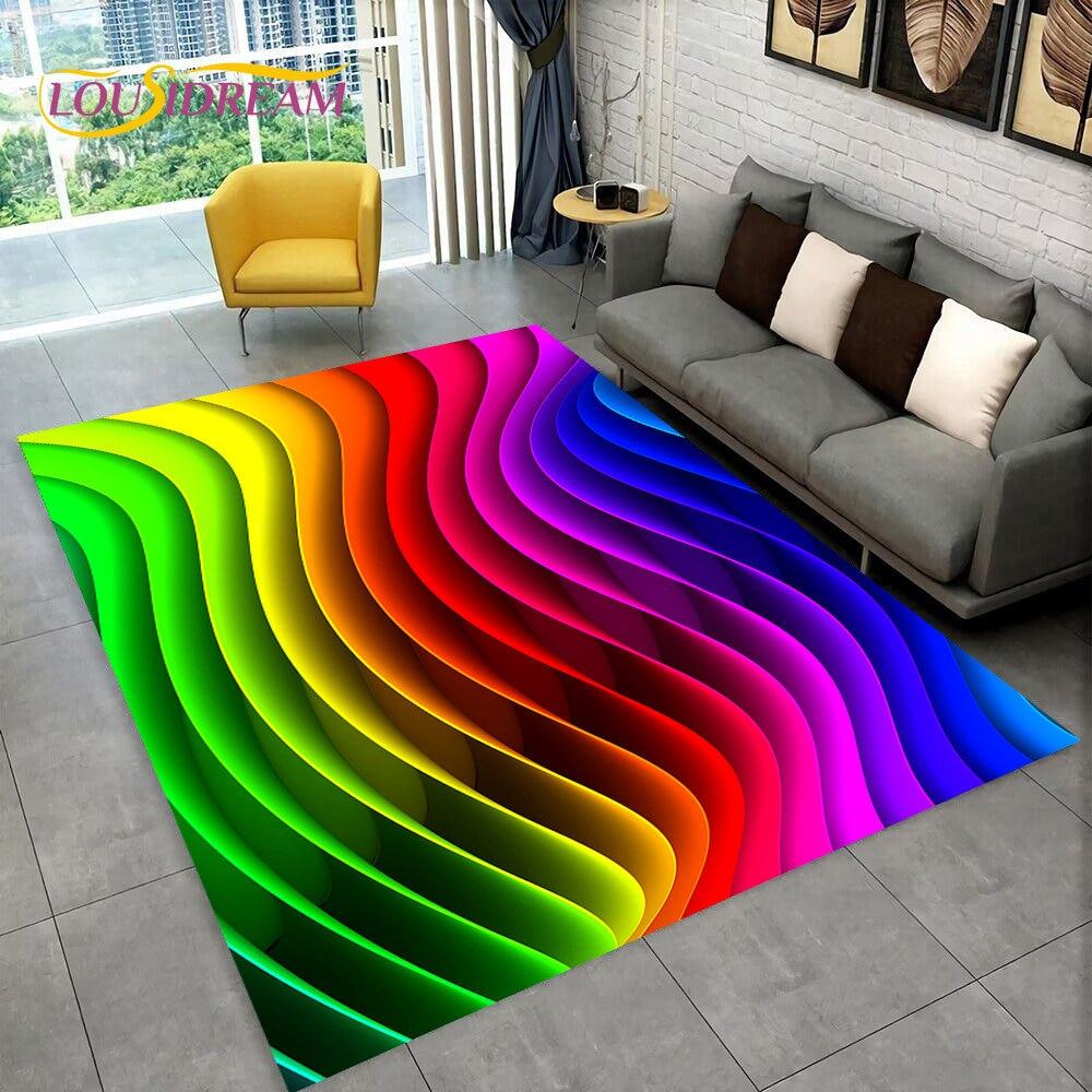 Illusion Regnbue Kromatisk Farge Områdeteppe, Teppe for Hjem Stue Soverom Sofa Dørmatte Dekor, barn Sklisikker Gulvmatte 3D