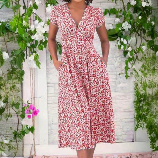 Yousheng Bohemia Style Midi Dress V-neck Short Sleeve High Waist Women Dress with Pockets Flowy Hem A-Line Dress