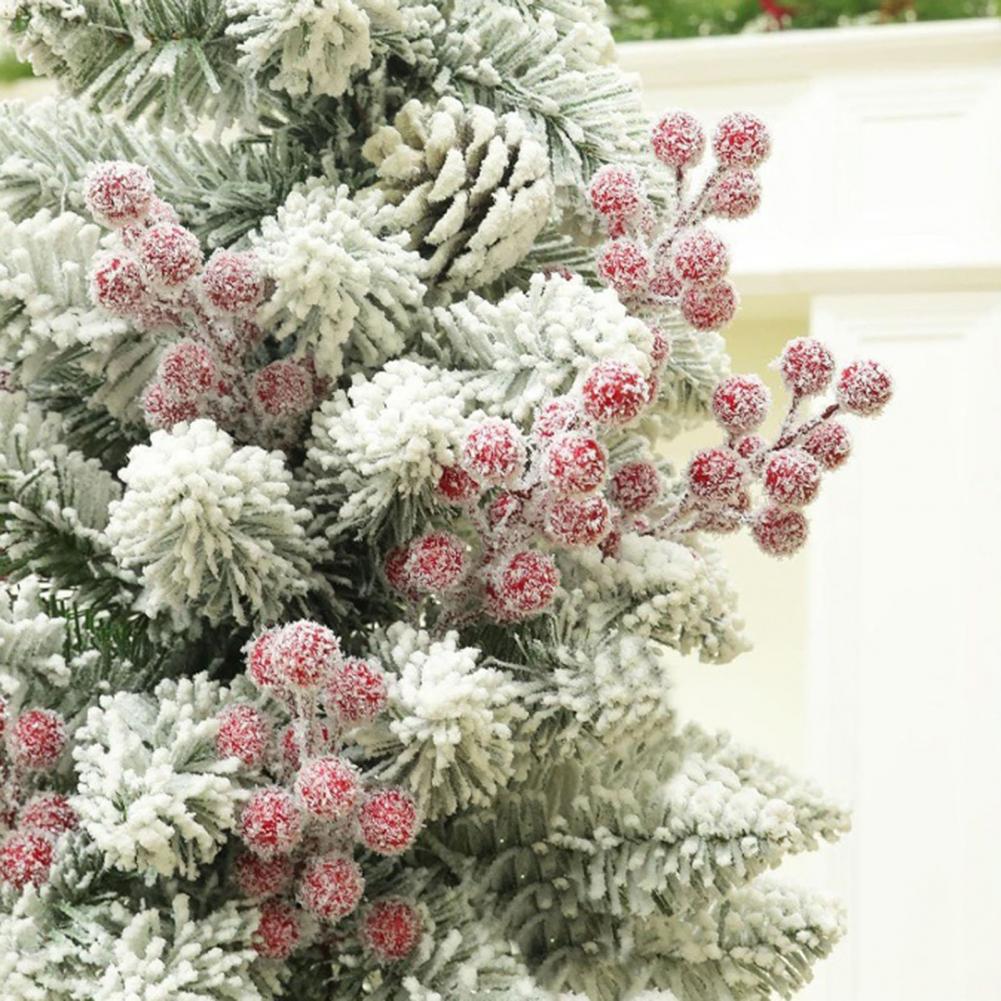 20Pcs Artificial Snow Red Berry Pick Branch Christmas Holly Berries Stem Faux Plants Branch Xmas Holiday Home Decoration