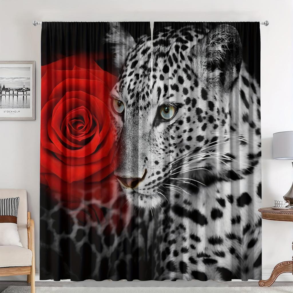 2pcs Elegant Lions And Romantic Rose Print Curtains For Home Decor For Bedrooms Office Kitchen Living Room Study Decor Rod Pocke