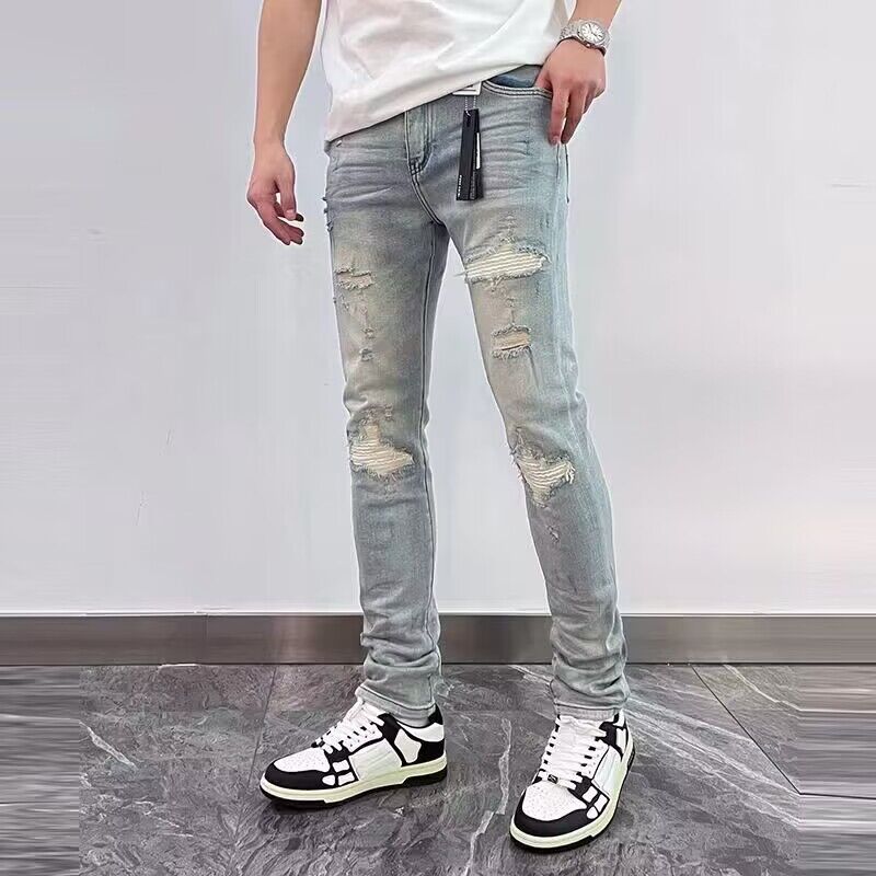 Klasické patchworkové Slim Fit Stretch Hip Hop Oblečení Muž Světle modré Stretch Roztrhané džínové kalhoty Velká velikost