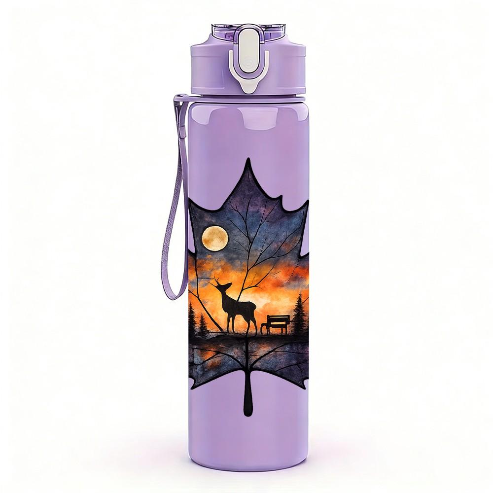 1PC Burning Autumn Maple Leaf 750ml Color Plastic Sports Water Bottle Leakproof Flip Straw Lid Suitable for Sports Office Home Use