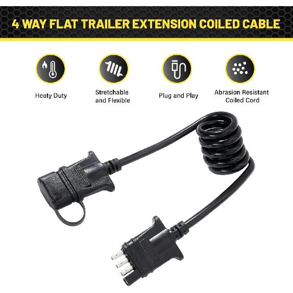 Oyviny 4 Way Flat Trailer Extension Coiled Cable 3 Feet Stretchable 18AWG Vehicle-Side And Trailer-Side 4-Pin Trailer Wiring Harness Pure Copper