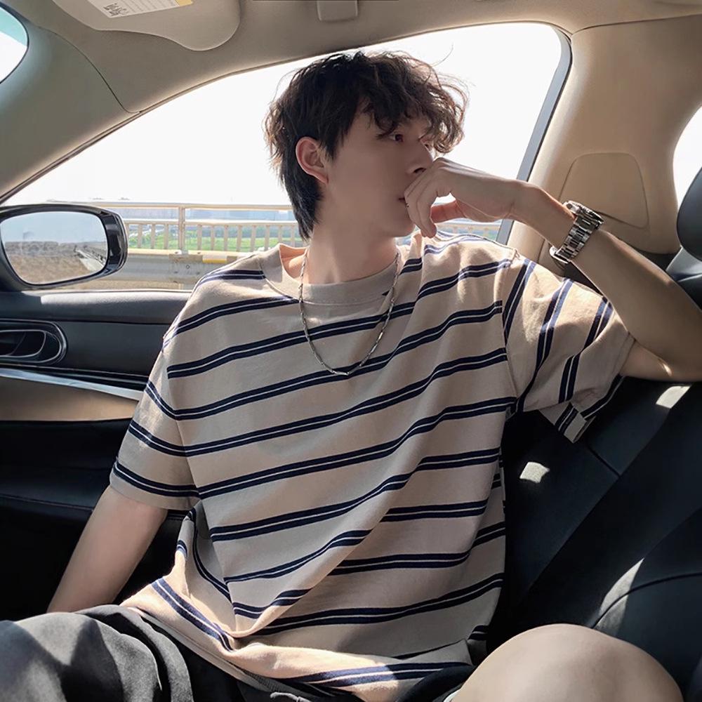 Men's Japanese Retro Color Block Striped Short Sleeve T-shirt