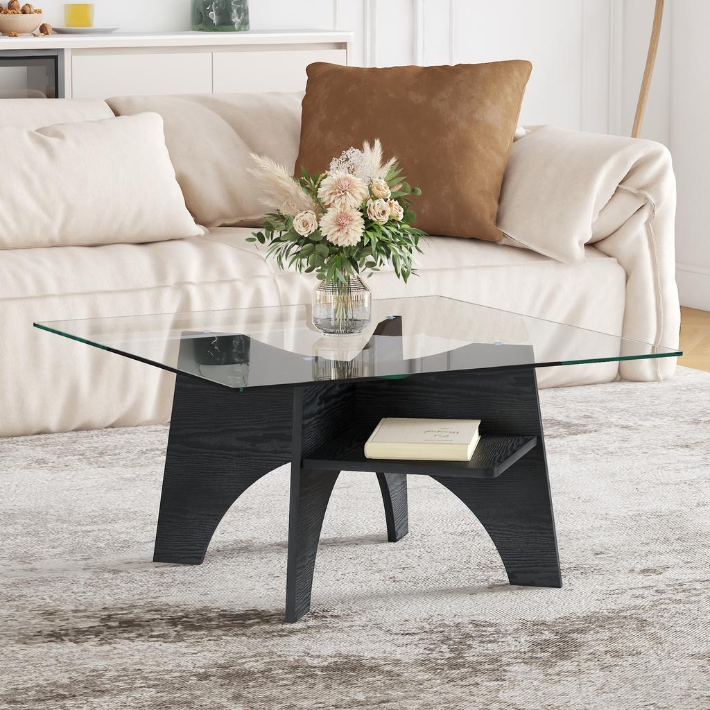 Modern Square Side Table Made of Safety Glass - 80 cm Side Length. Table Legs Made of MDF with Black Wood Look. Ideal for Dining Room, Office etc.