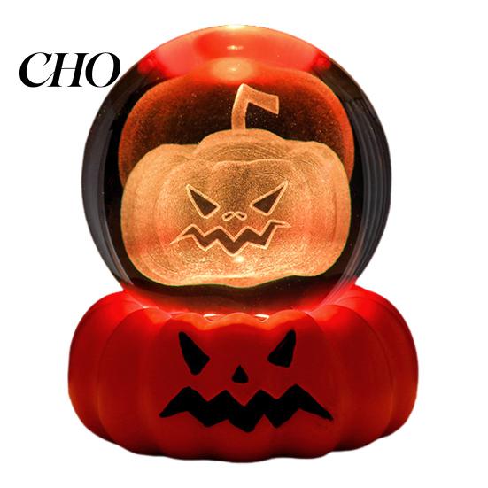 Festive LED Pumpkin Decoration Halloween Crystal Ball Night Light for Kids 3D Charming Decor Lighting with Resin Base Globes Lamp Indoor Bedroom Home
