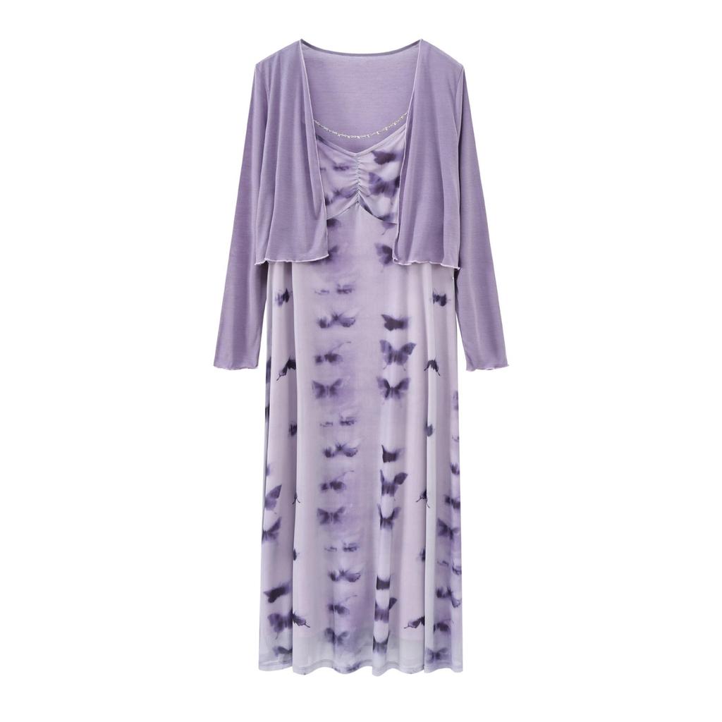Zhi Xuan Plus Size Dreamy Purple Butterfly Camisole Dress & Lazy Cardigan Set 2026 Summer