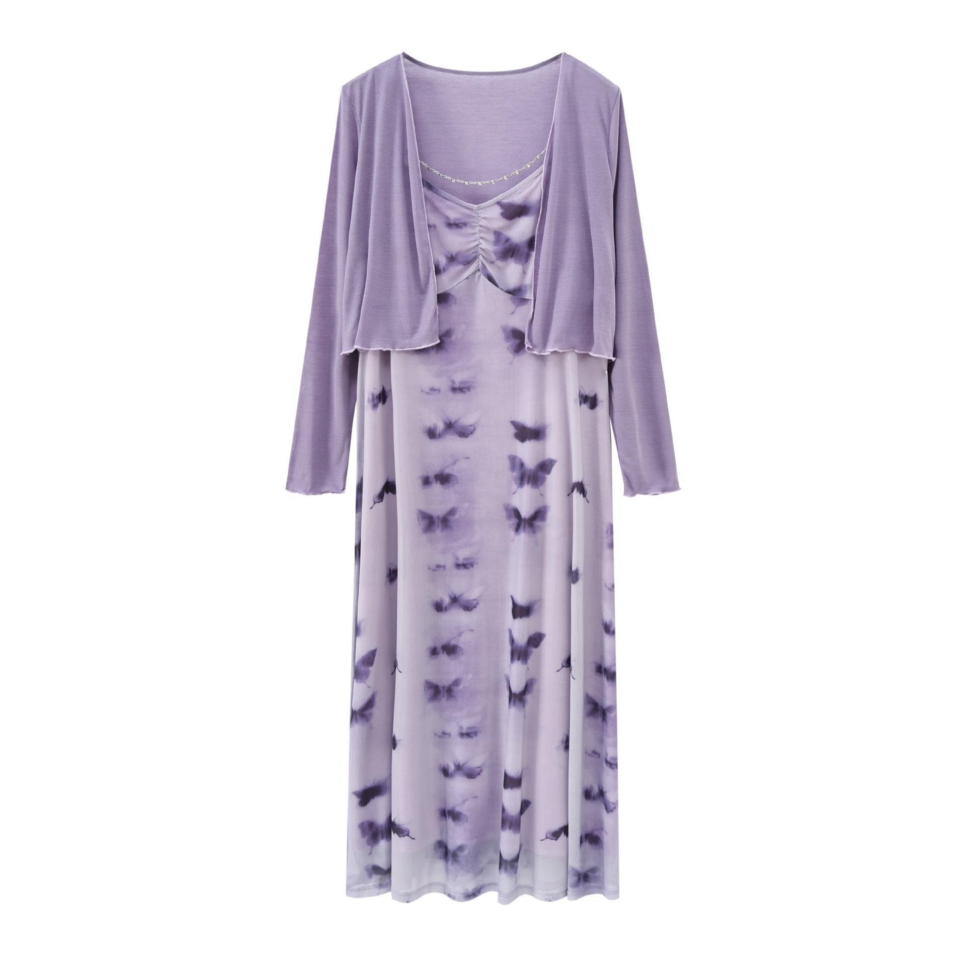 

Zhi Xuan Plus Size Dreamy Purple Butterfly Camisole Dress & Lazy Cardigan Set 2026 Summer 3XL (160-180 pounds)
