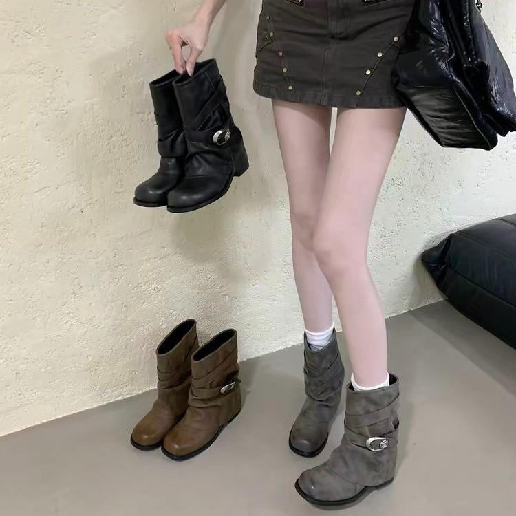 Retro belt buckle stack boots women's autumn new old short knight boots Spice girl locomotive Martin short boots
