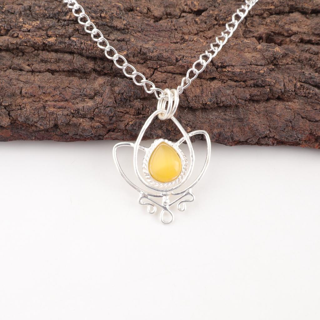 Yellow Cat's Eye Gemstone 925 Sterling Silver Jewelry Handmade Designer Pendant PP-38-44