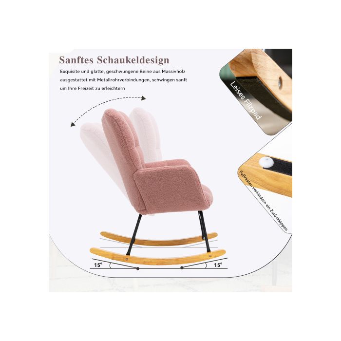 Fauteuil à bascule - MUVOE - Mid Century - tissu peluche capitonné - base bois &amp; cadre métal - Rose