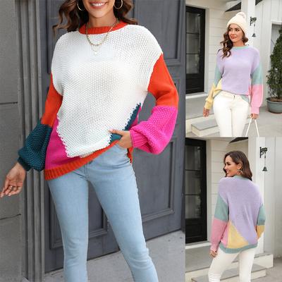 2023 Autumn/Winter Casual Sweater for Women Knitted Crew Neck Patchwork Fashion Pullover Sweater
