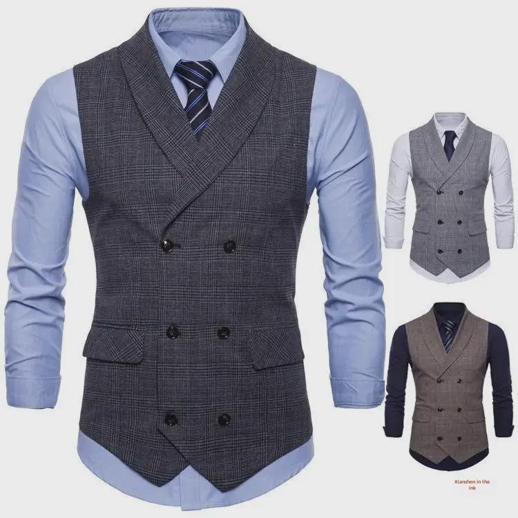 Spring & Autumn Men's Double-Breasted Plaid Suit Vest - Korean Slim Fit