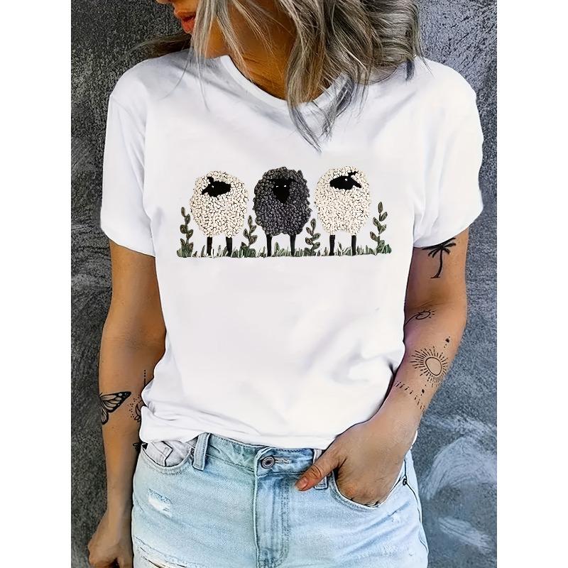 Europese Maat Plus Size Dames Casual T-shirt met Korte Mouwen - Leuke Schaap & Blad Print, Ademend Rond Hals