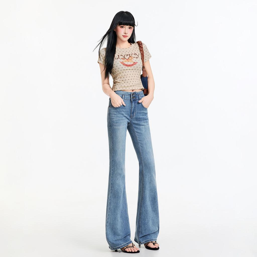 Spring Summer Double Button Waistband Micro Flare Elegant Stretch Casual Denim Pants For Women Casual Pants Oversize Denim Trousers