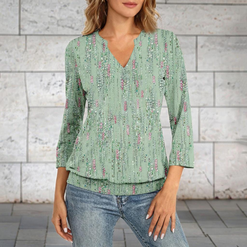 Damen 3/4-Ärmel Oberteil Hals Saum V-Ausschnitt Sommer Freizeit T-Shirt Vintage Bedrucktes Oberteil