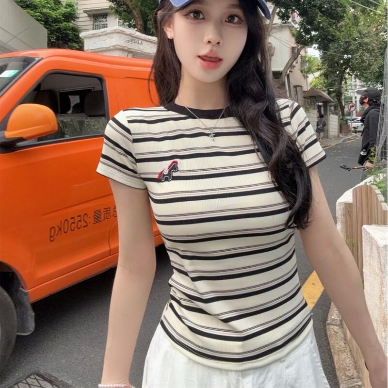 Zuose Women s Striped Embroidered Slim Fit Short Sleeve T-Shirt L