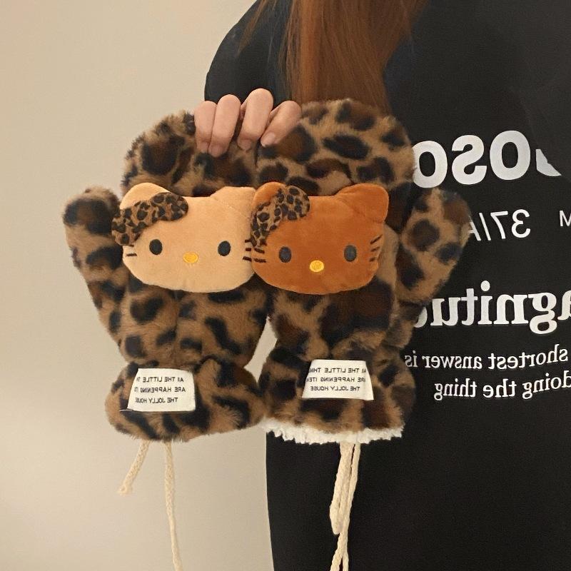 

Женские перчатки с леопардовым принтом, зимние плюшевые перчатки для студентов, ветрозащитные теплые перчатки с утолщенным плюшевым подкладом для езды на велосипеде