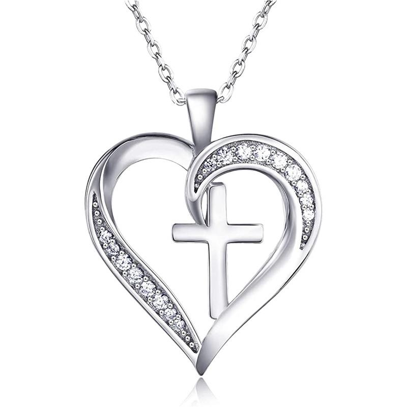 Huitan Creative Heart with Cross Design Pendant Necklace for Women Wedding Anniversary Party Statement Neck Accessories Jewelry