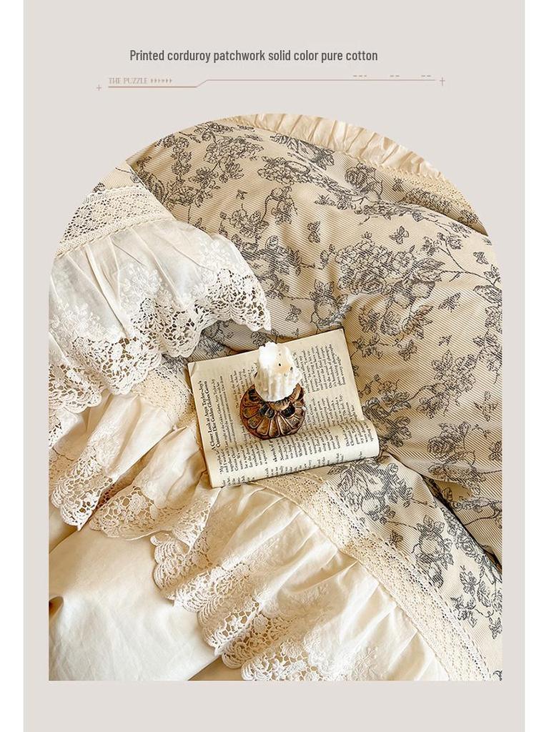 French Retro Princess Style Cotton Bedding Set with Lace Edge