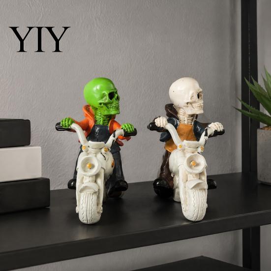 Motorcycle Skull Ornament Halloween Skeleton Riding Figurine, Gothic Spooky Statue for Home Gifts Collectors Garden, Resin Biker Decor Desk