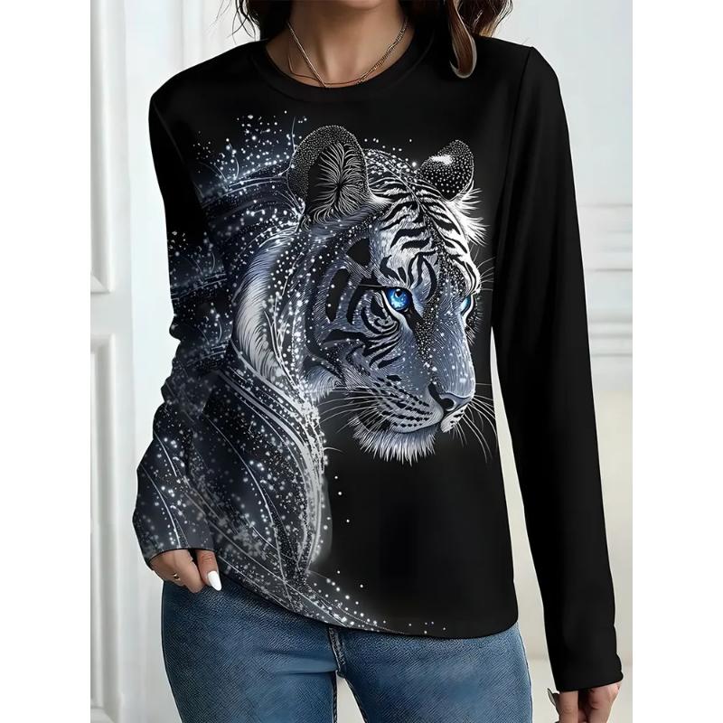 Modisches Damen Rundhals Langarm 3D Lässiges Farbdruck Lässiges Langarm Rundhals T-Shirt