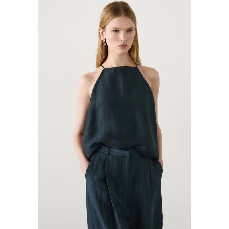 MD Women clothes French style Minimalist Static Luxury Style Retro Dark Green off-Shoulder Sling Sleeveless Shirts 05156884567
