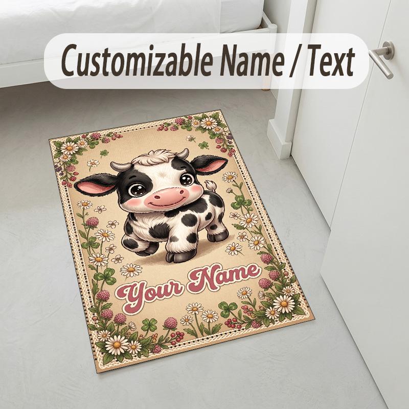 Cow Highland Theme Crystal Velvet Rug Personalized Custom Name Text Soft Floor Mat Home Decor