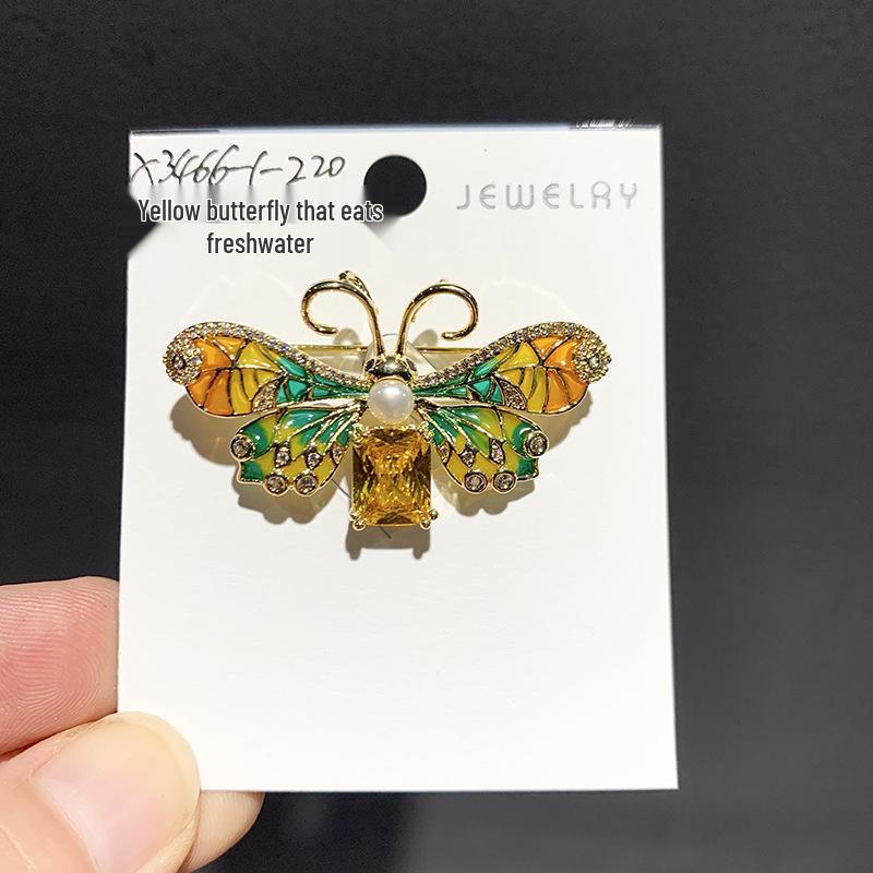 Dreamy Garden Butterfly Brooch: Gem-Studded Enamel  Pearl Corsage