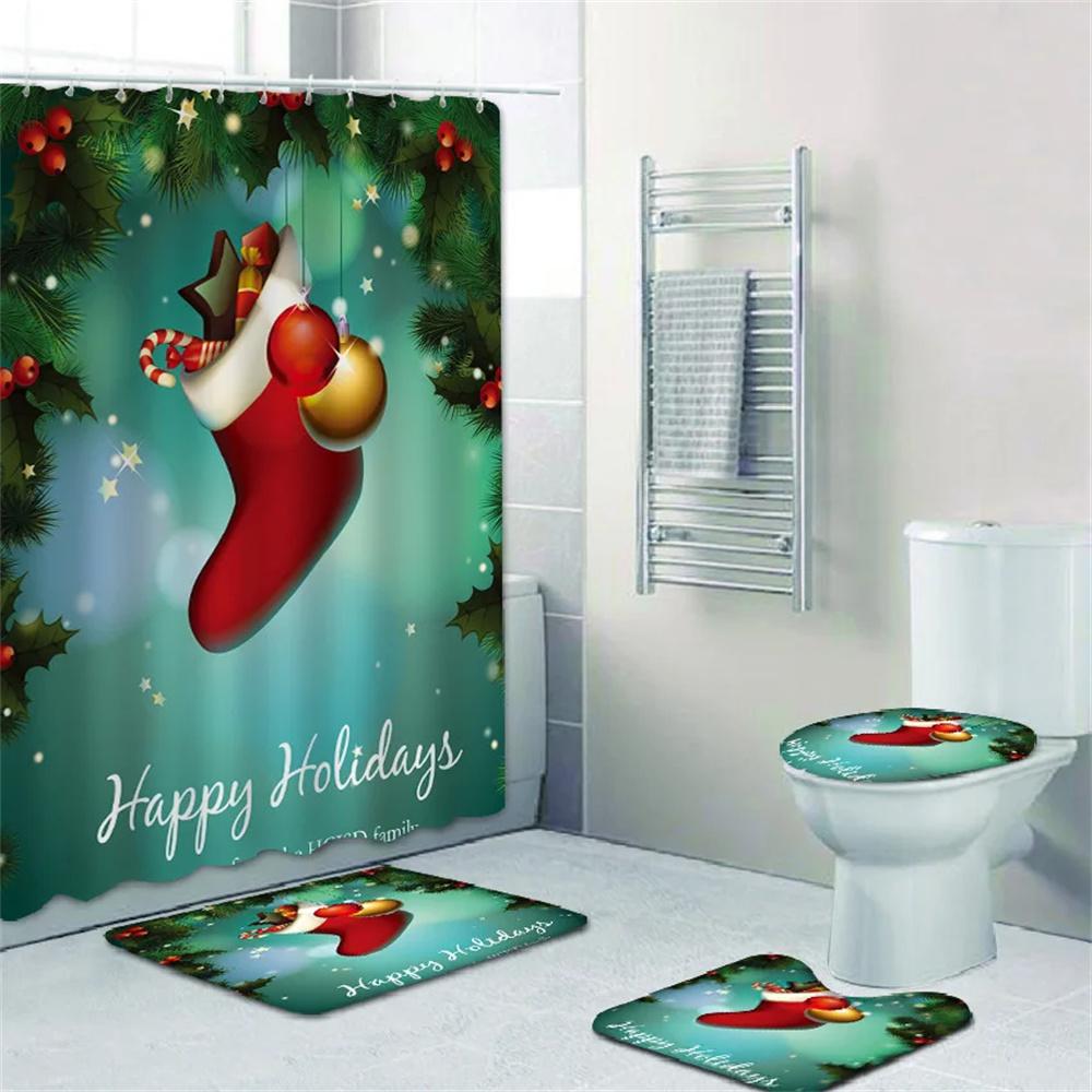 4pcs Merry Christmas Shower Curtain Polyester Shower Curtain Pedestal Rug Set Bathroom Decor Waterproof Curtain