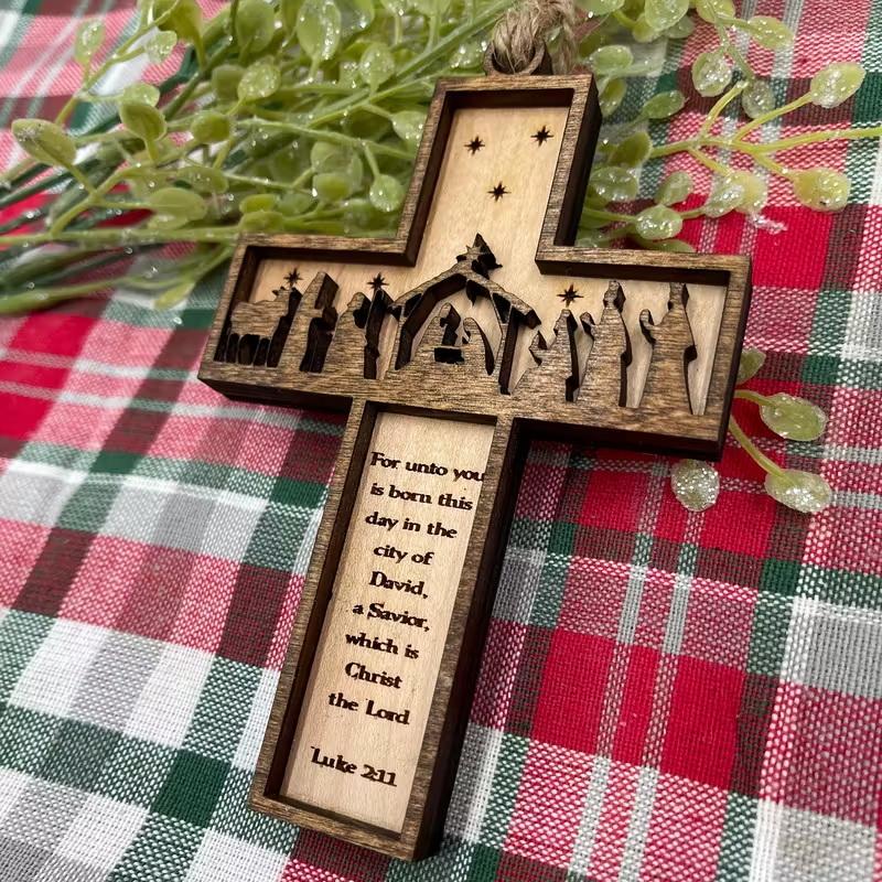 1Pc 3D Nativity Scene Wooden Cross Ornament, Handmade Christmas Tree Decoration, Home And Religious Decoration