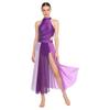 Rhinestone Color Block Mesh Leotard for Women S-XXL: Sleeveless Slit Hem Bodysuit Dress for Lyrical Contemporary Dance Costume