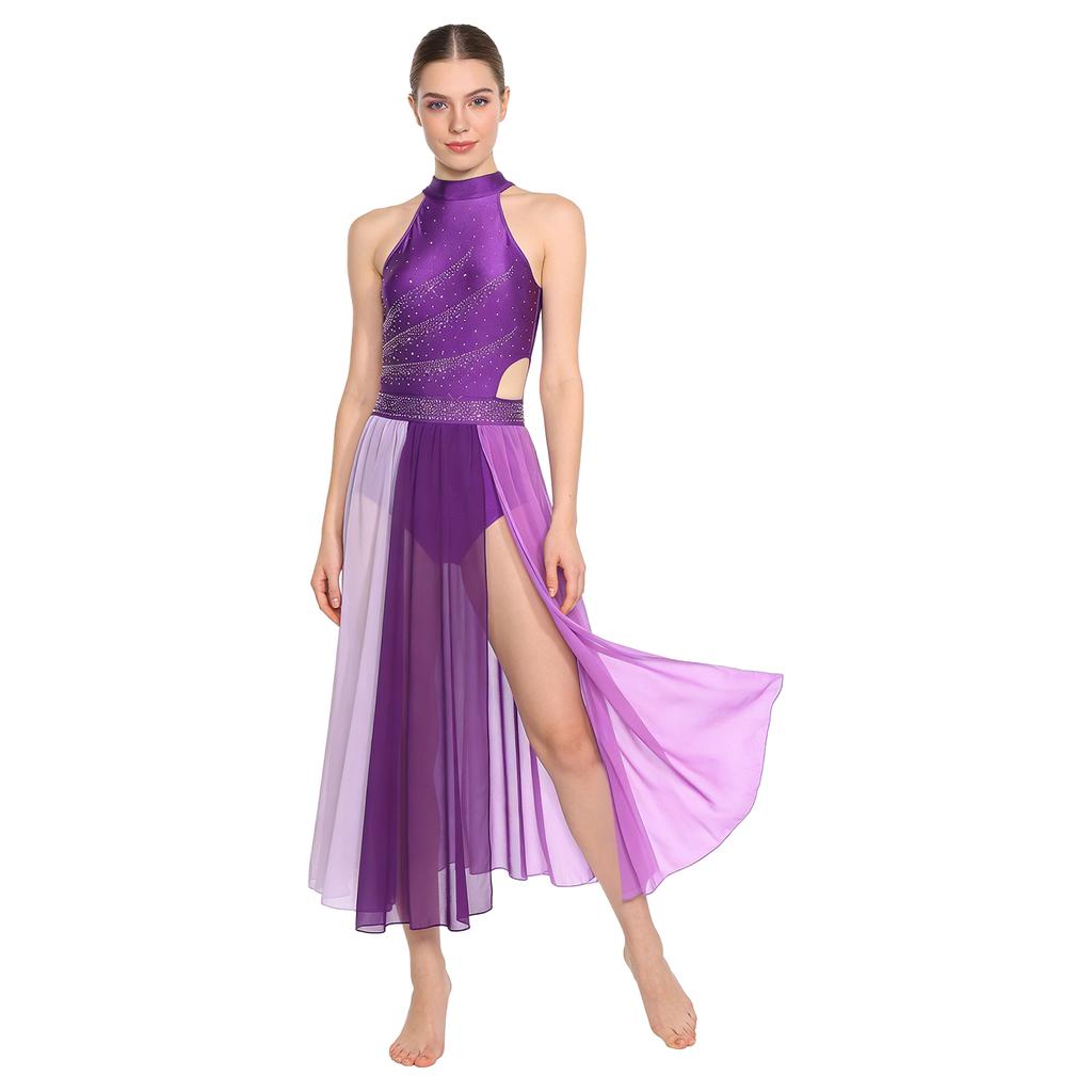 Rhinestone Color Block Mesh Leotard for Women S-XXL: Sleeveless Slit Hem Bodysuit Dress for Lyrical Contemporary Dance Costume