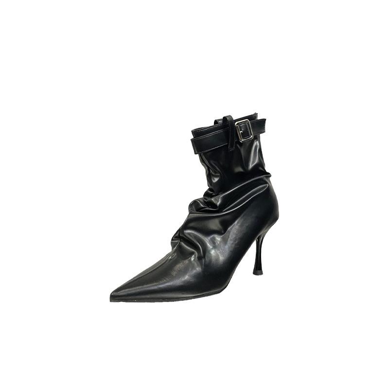 2025 autumn and winter new belt buckle pointed head high heel European and American piled women's boots zipper pleated thin boots