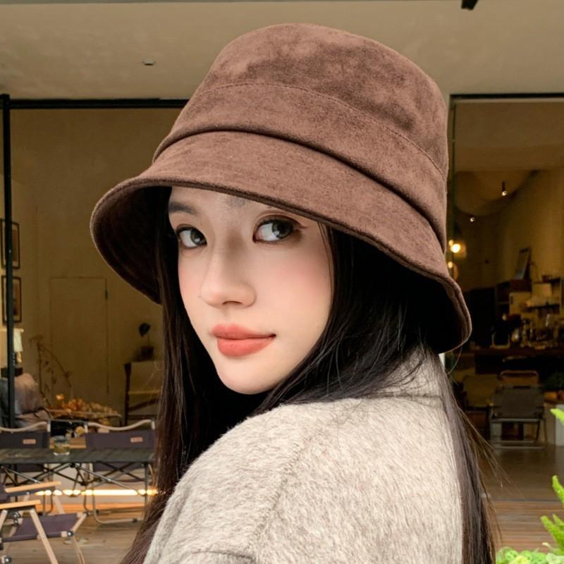 Womens Solid Color Short Brim Faux Suede Bucket Hat Winter Casual Chic Cap